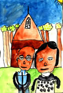 Childs painting of parents in front of house